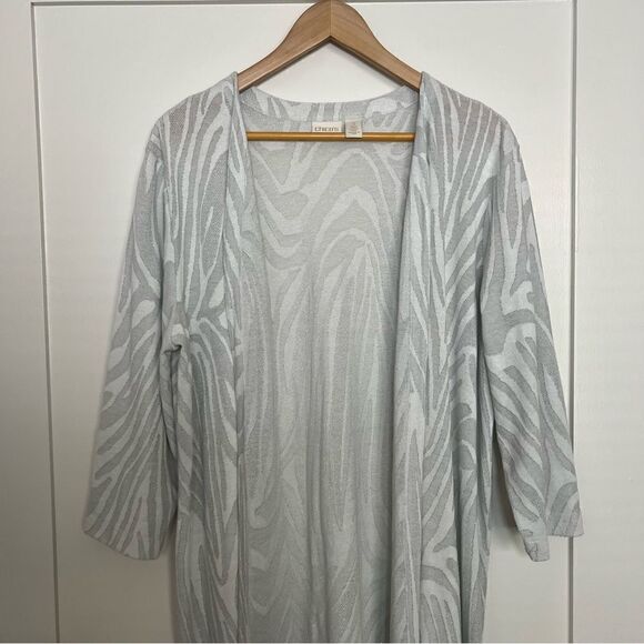 Chico's Womens Size 3 Long Open Cardigan Tunic Gray Silver Metallic 3/4 Sleeve - Picture 2 of 14